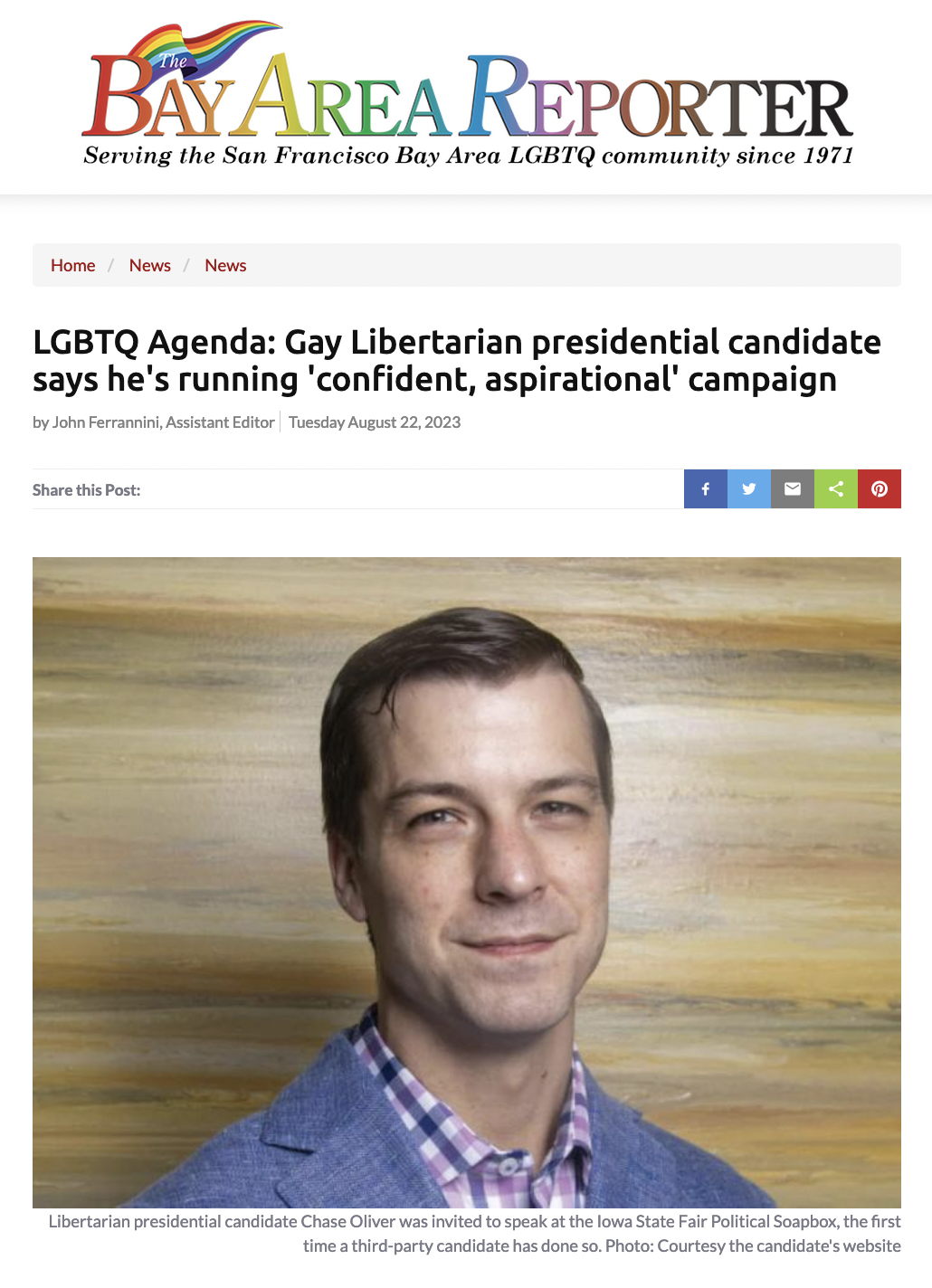 Chase Oliver, Libertarian Party covered in Bay Area Reporter